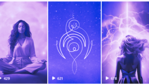 3 screenshots van spirituele reels: links een vrouw in meditatie, in het midden een symbool van een meester en aan de rechterkant een vrouw die door een magisch portaal gaat.